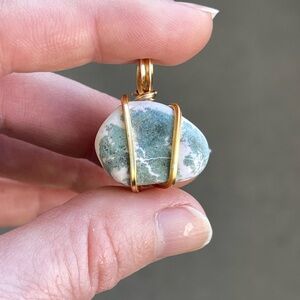 Moss Agate Gold Tone Wire Wrap Pendant